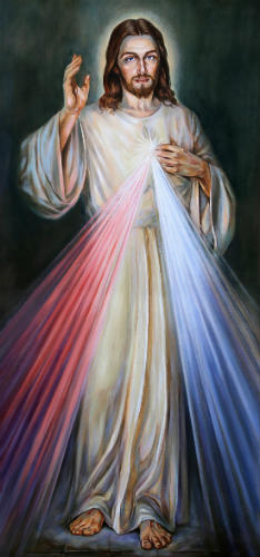 Divine Mercy Jesus with a white and a blue beam of light coming from his heart