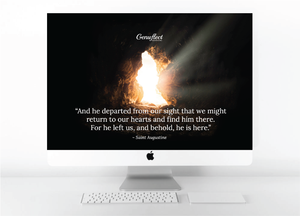 Mac desktop with Genuflect Easter 2019 image and quote