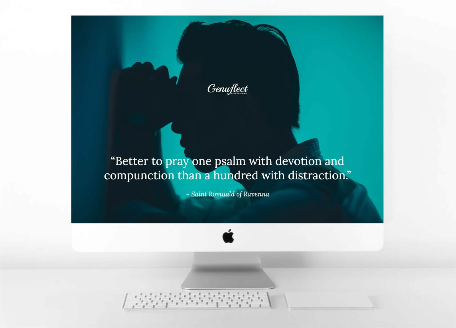 Genuflect computer background image of a Silhouette of a man with his hands folded in prayer up against his forehead