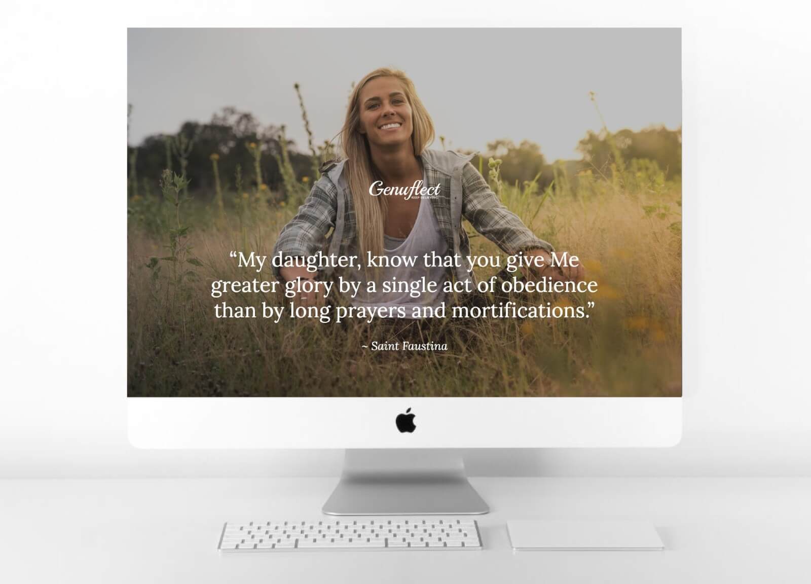 Genuflect computer background image of a Smiling woman sitting crosslegged outside in a field with the sun shining