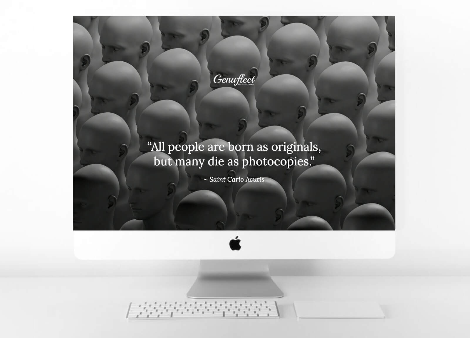 Genuflect - computer background image of a a crowd of young bald men who look identical are standing shoulder to shoulder all facing the same direction