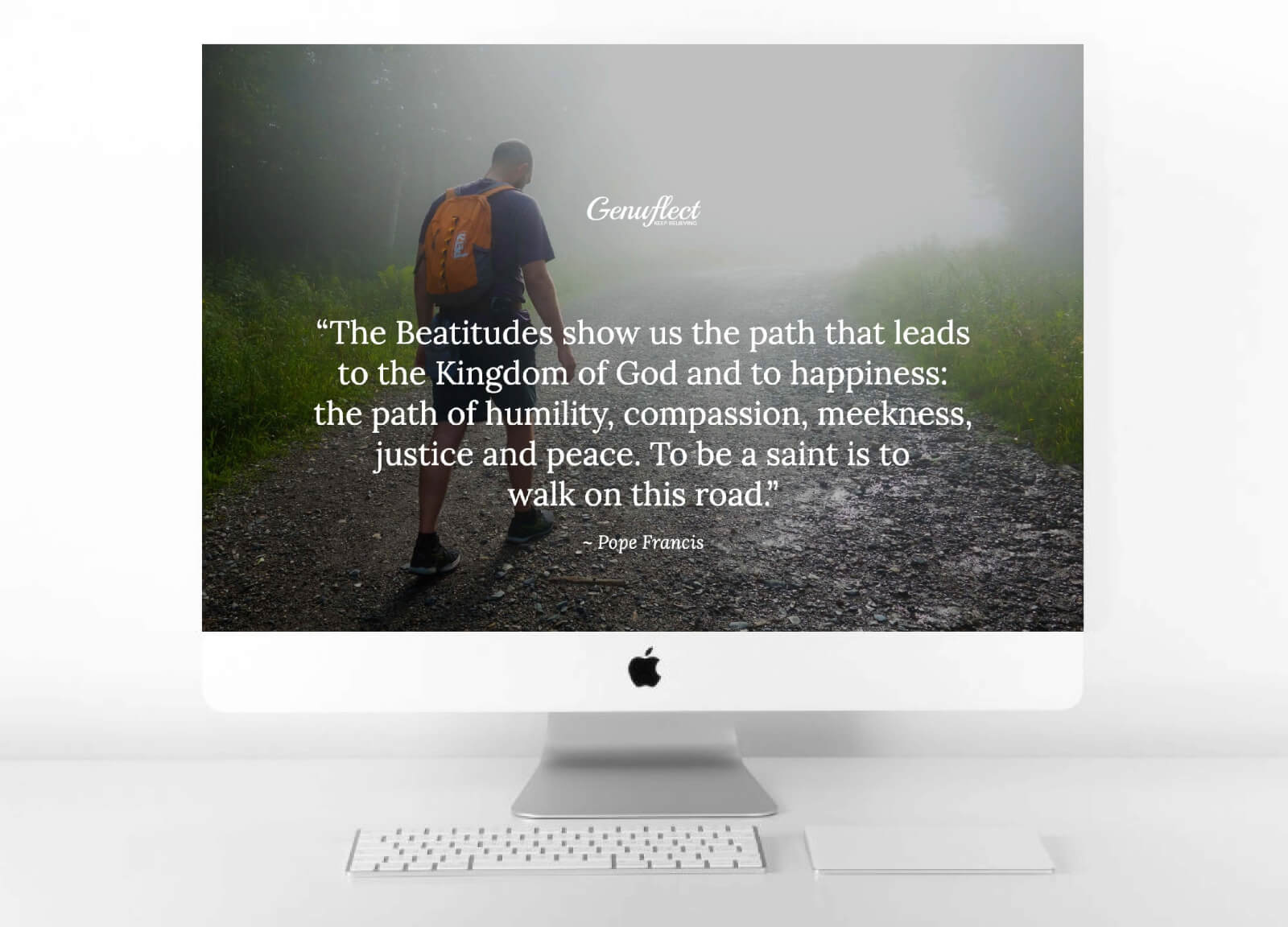 Genuflect background on computer with an image of a Man hiking with his head down on a dirt path on a foggy day and you can't see where the path leads