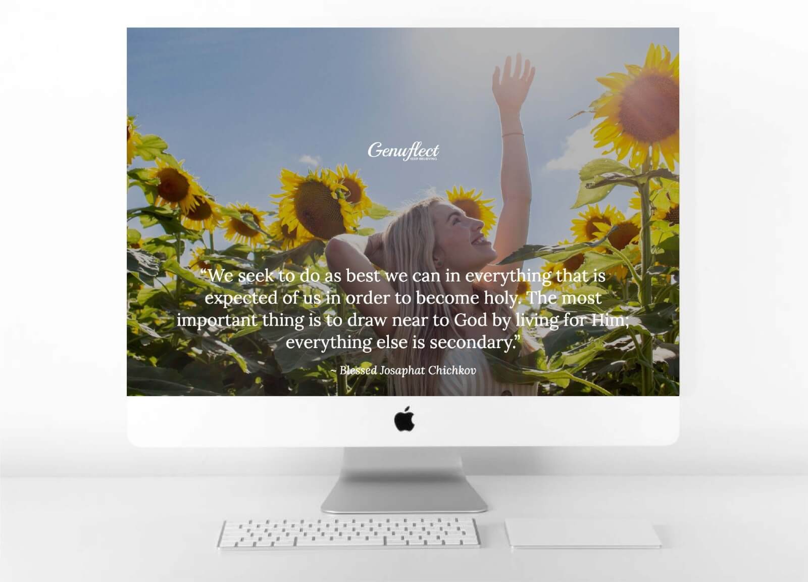 Genuflect computer background image of a Woman standing in sunflower field looking up to the sky with arm reaching up