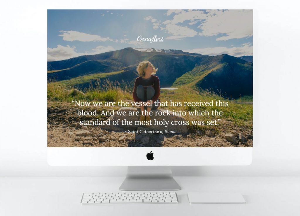 Genuflect - Computer background image of woman sitting in mountains on a rock under the sun