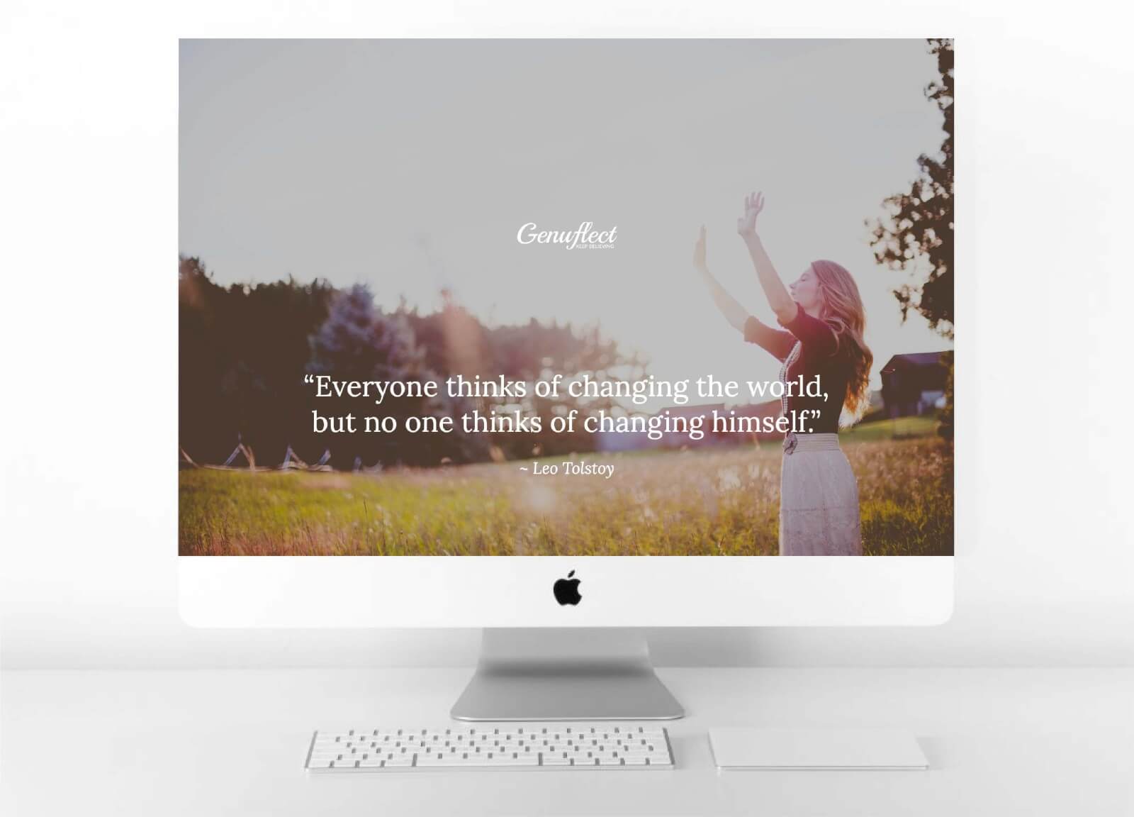 Genuflect - image on computer background of a Woman standing in a field with the bright sunshine on her, hands raised up and looking to the sky