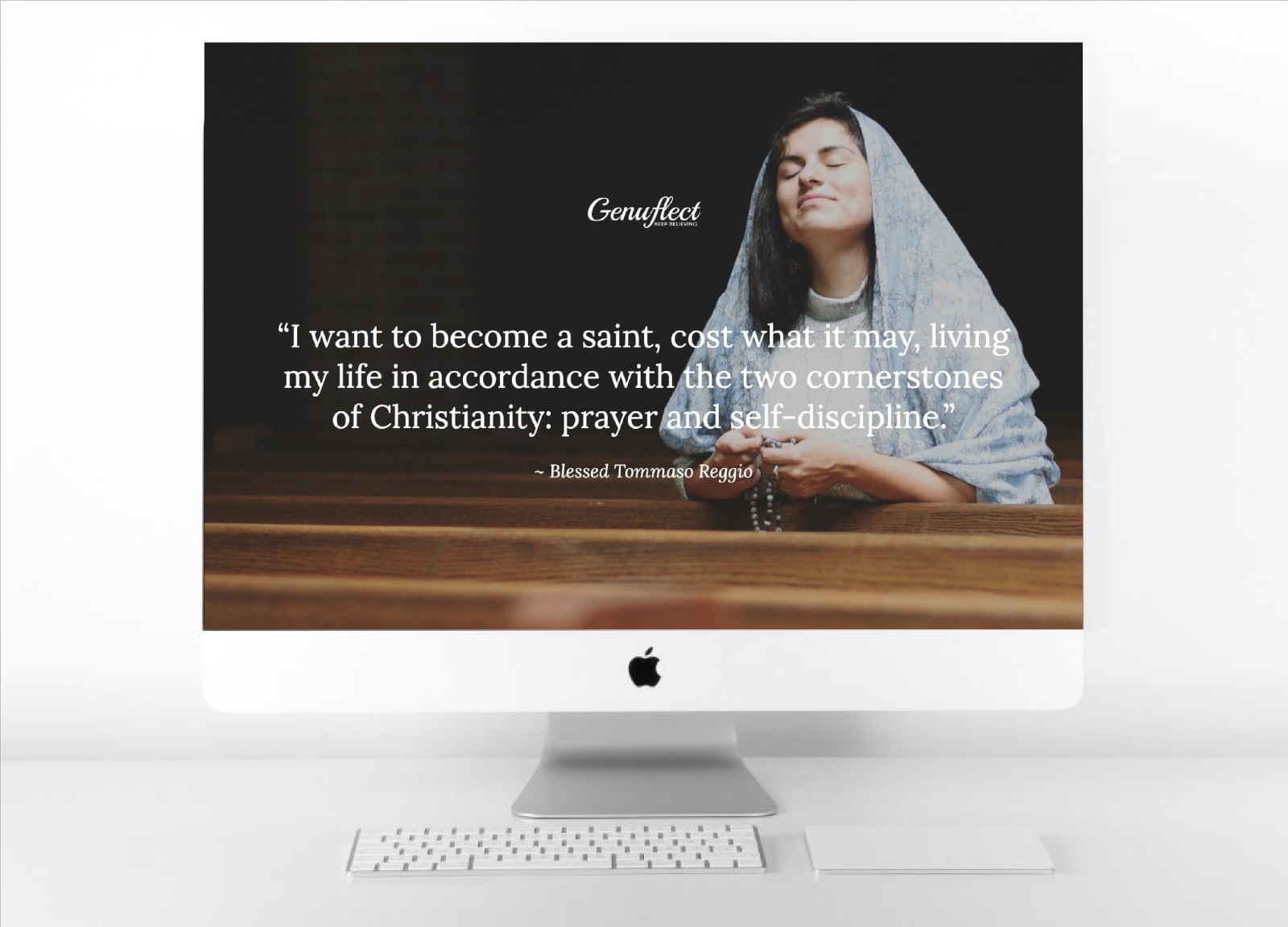 Genuflect image on computer woman kneeling in church praying the Rosary