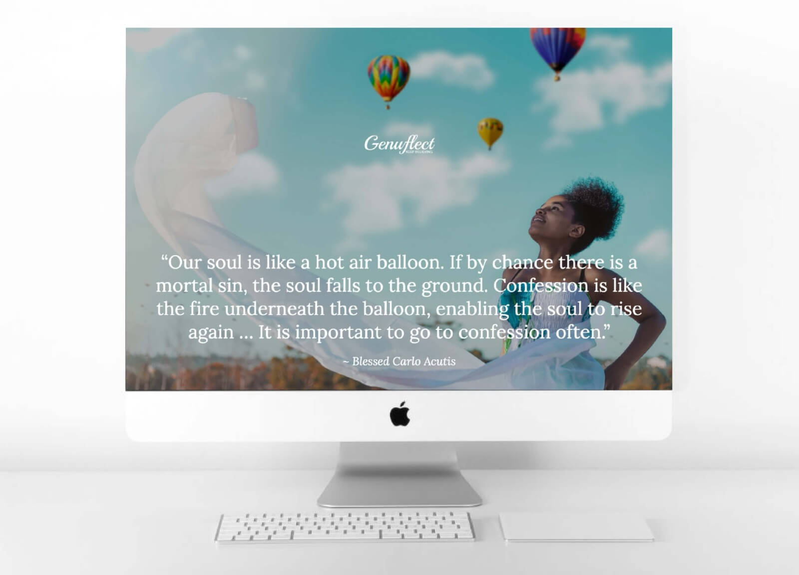 Genuflect computer background image of a Woman looking up to the sky filled with hot air balloons