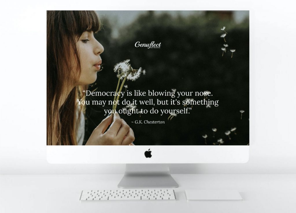 Genuflect - Computer background image of a woman outside blowing a dandelion