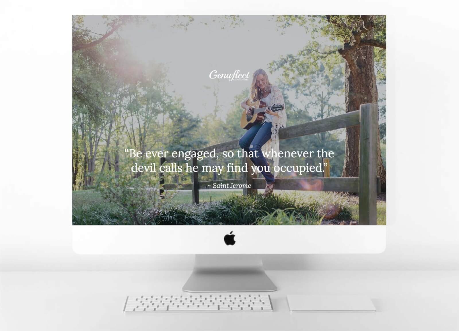 Genuflect image on computer background of Woman outside sitting on a fence playing the guitar with the sun shining down on her