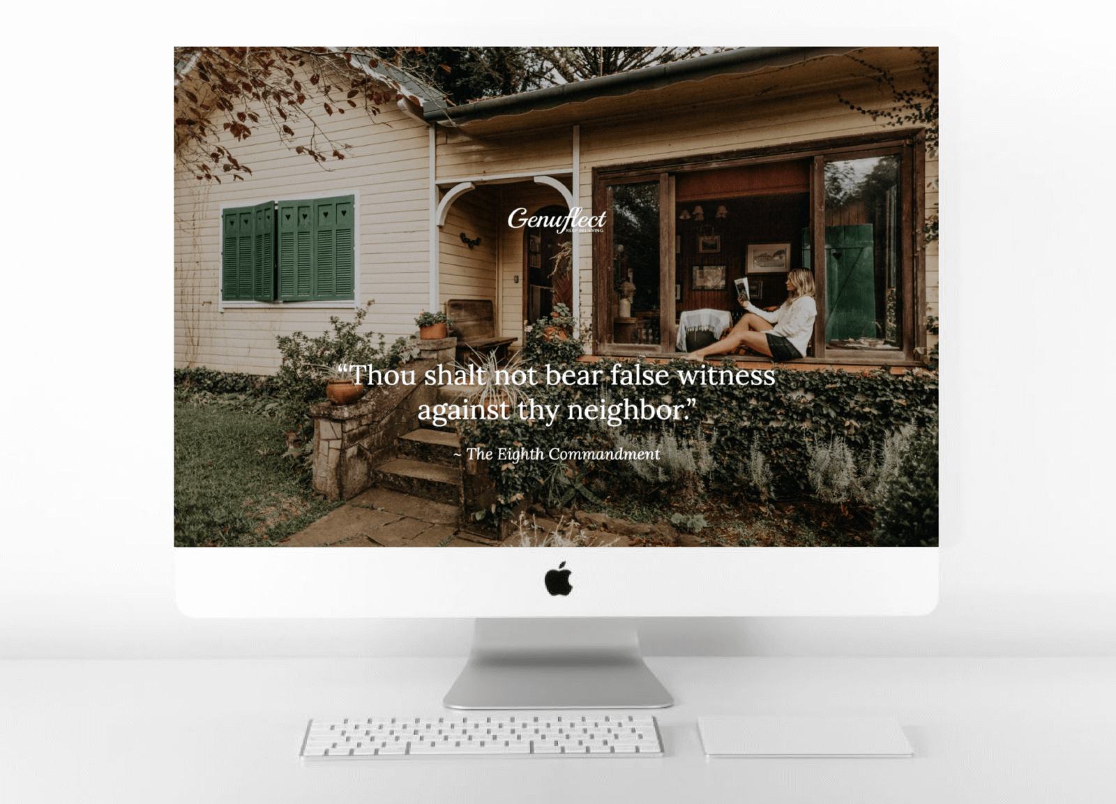 Genuflect Computer background image of a Woman sitting outside on her front porch reading a book