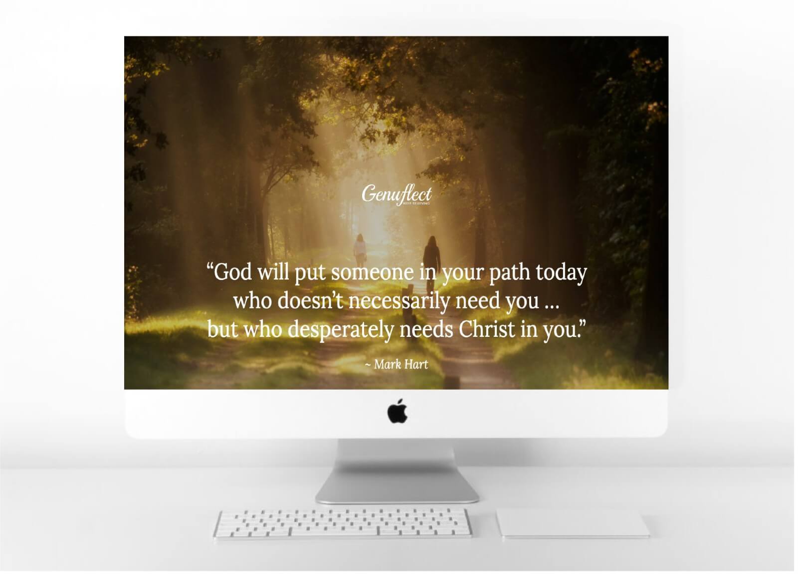 Genuflect image on computer background of a Woman walking on a sun-drenched dirt path with another woman walking towards her