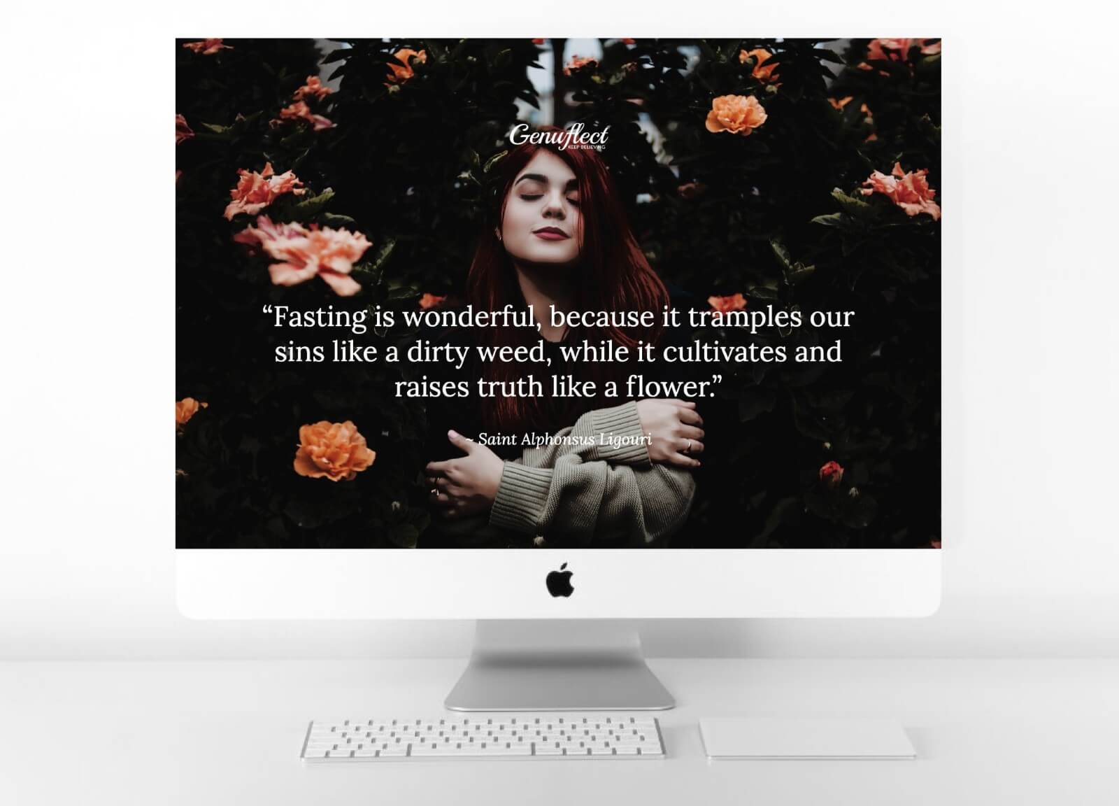 Genuflect computer background image of a Woman standing outside in front of rose bushes with her eyes closed, arms folded, and a soft smile on her face