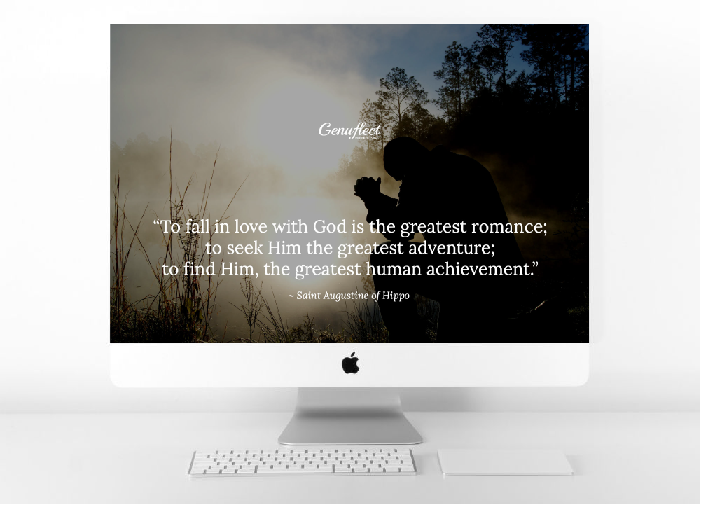 Genuflect Mac Desktop of man kneeling in prayer beside pond at sunset with quote from St. Augustine of Hippo