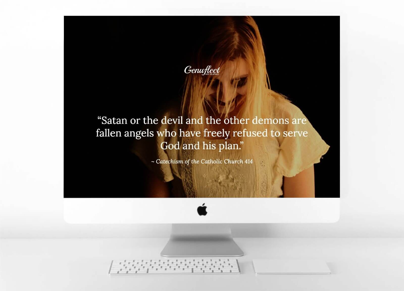 Genuflect image on computer background of Ghoulish looking girl with scary makeup