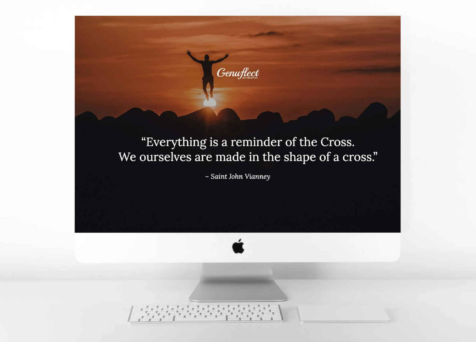 Genuflect Computer background image of a Silhouette of a man with arms outstretched to form a cross with the sun setting in the background