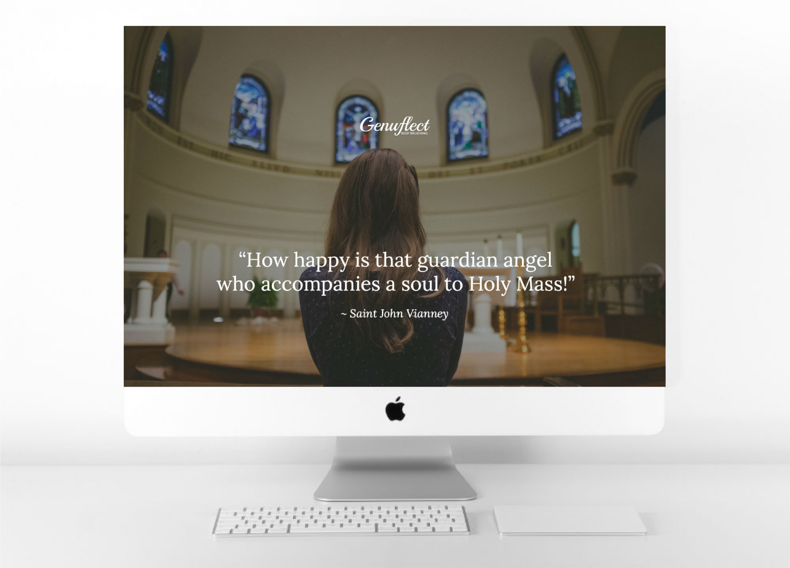Genuflect.net - image of girl pryaing in church on a computer background