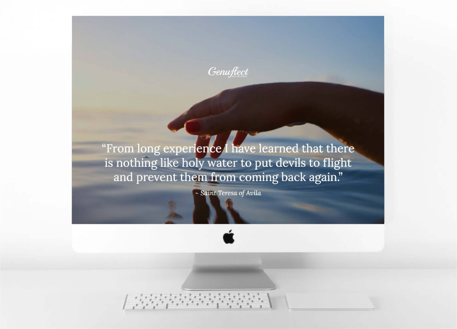 Genuflect - Quote on Desktop image of woman's wet hand above water with drops falling into the water