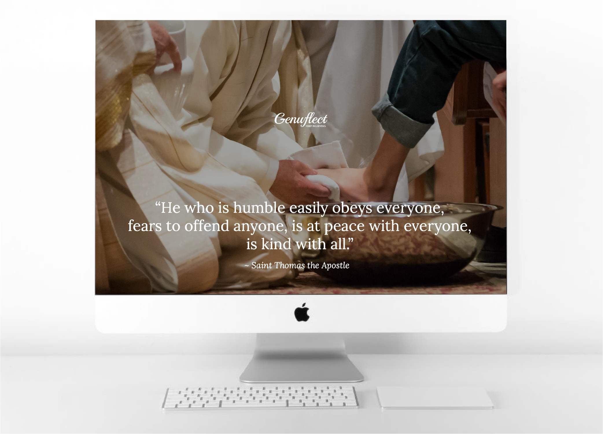 Genuflect.net St Thomas quote on image of priest washing anothers feet as desktop image of a computer