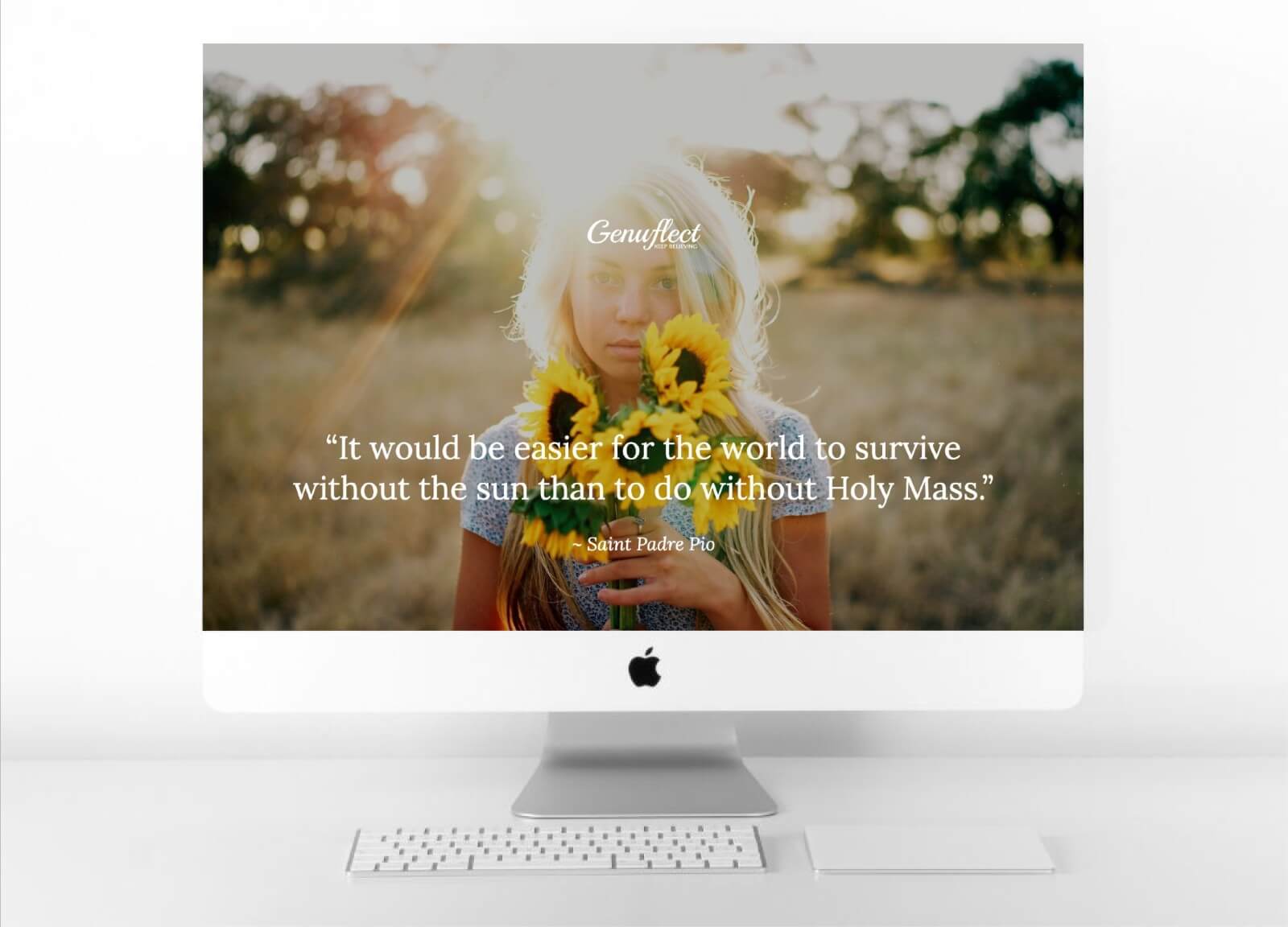 Genuflect computer background image of a Girl holding a bunch of sunflowers with sun shining on her blonde hair from behind