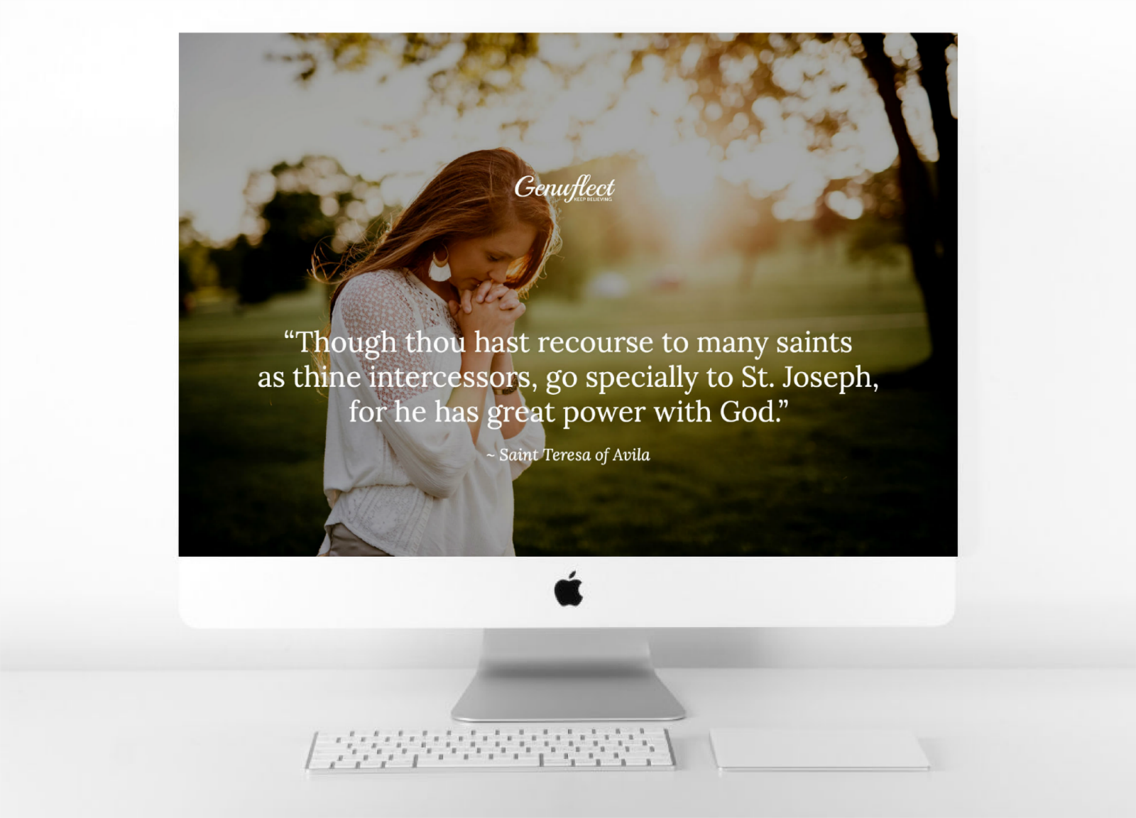 Genuflect - Background Image on Computer of woman with head bent and hands folded in prayer
