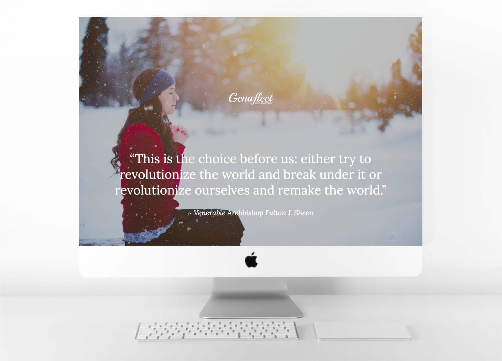 Genuflect computer background image of a Woman sitting in the snow outside with head bowed and hands folded in prayer
