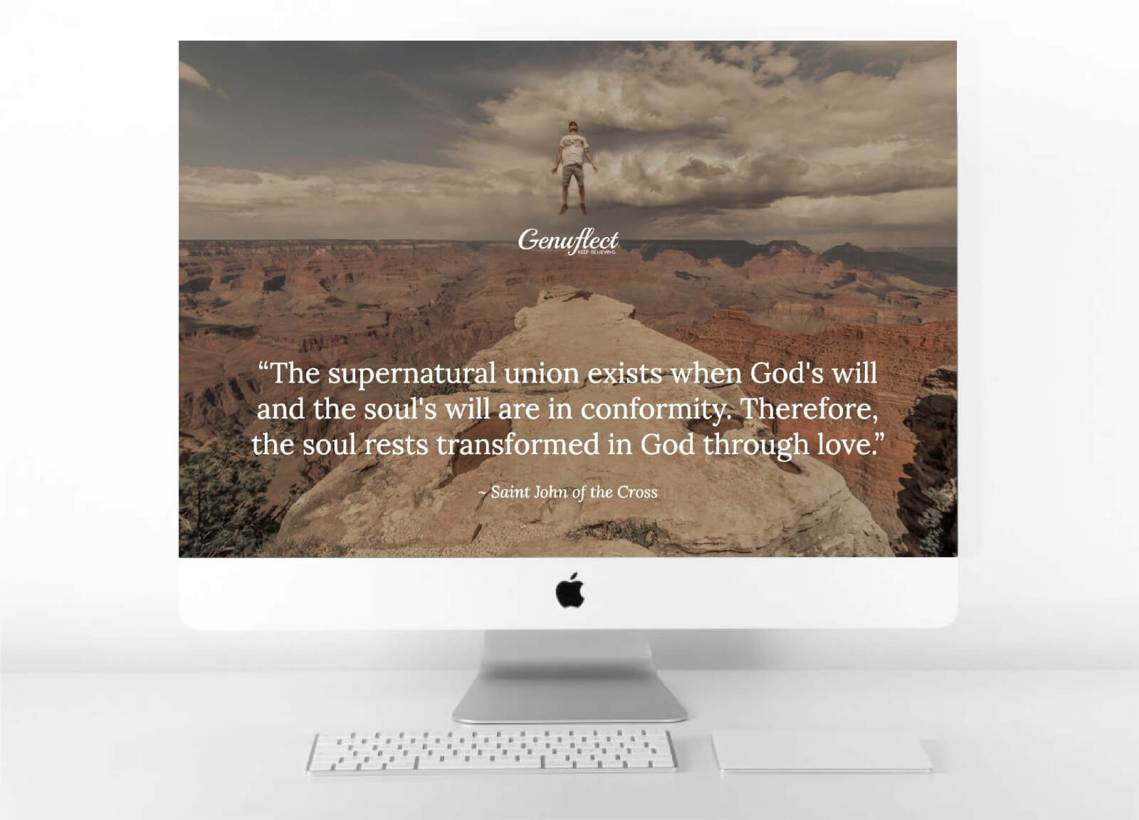 Genuflect - Computer background image of a Man levitating in the sky above a canyon
