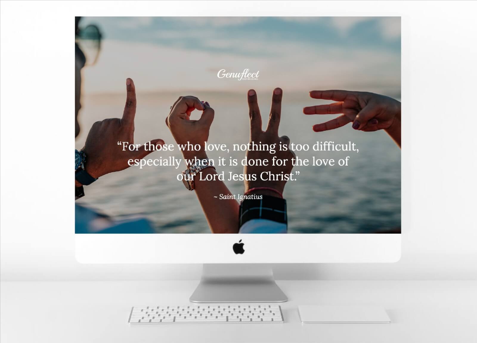 Genuflect computer background image of Four hands forming letters to spell the word LOVE