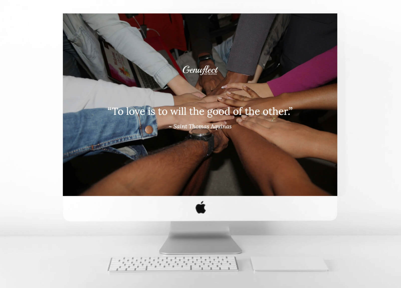 Genuflect computer background image of Multiple people standing in a circle with hands gathered in the center in unity