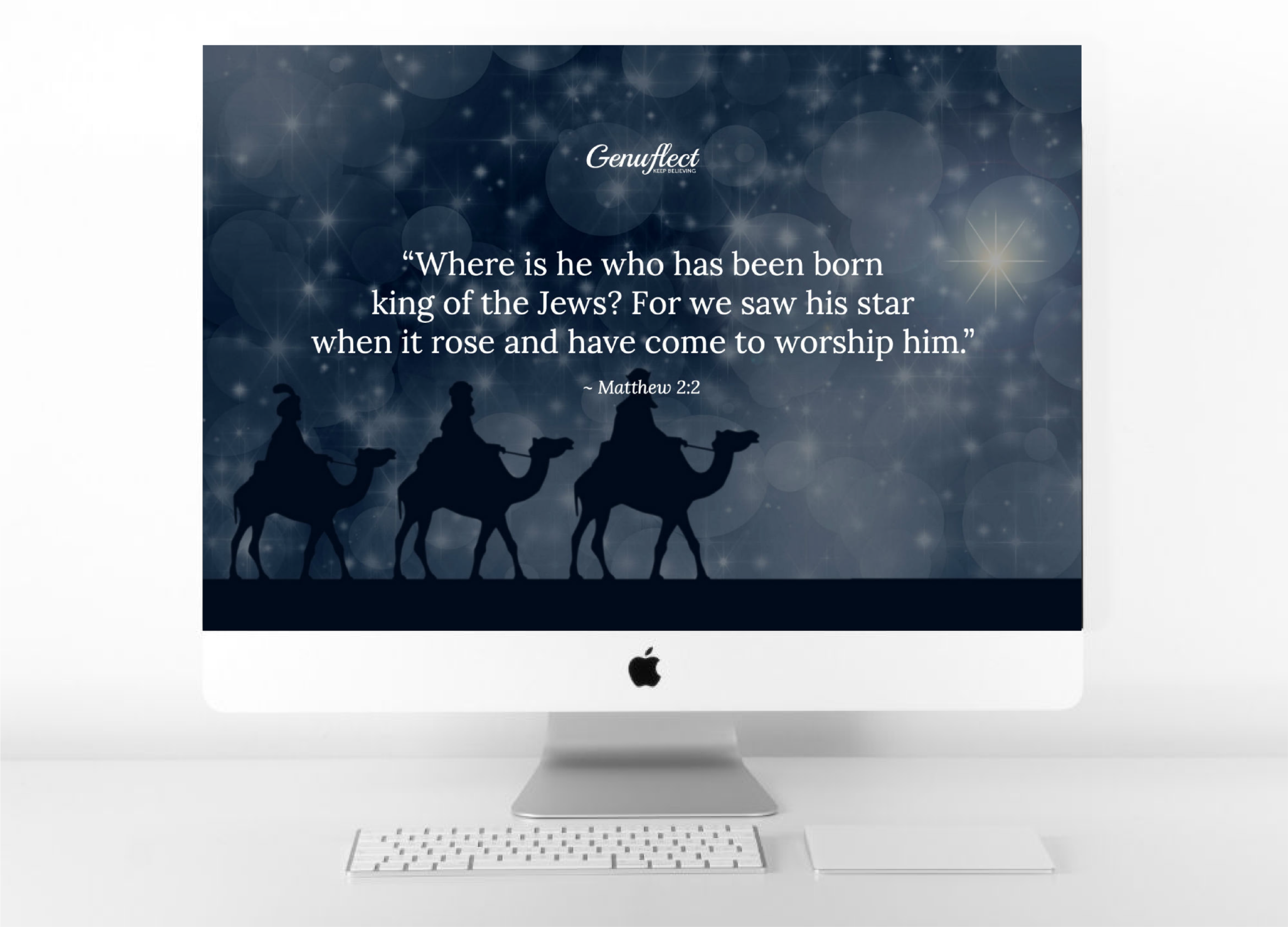 Genuflect .net-Image of three magi on camels following the Bethlehem star as background of a computer