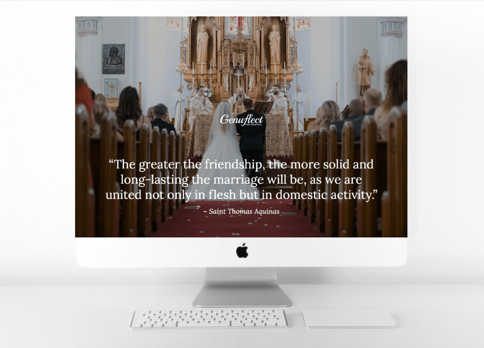 Genuflect quote on Mac of Marriage of a couple kneeling in Mass during Eucharistic Prayer