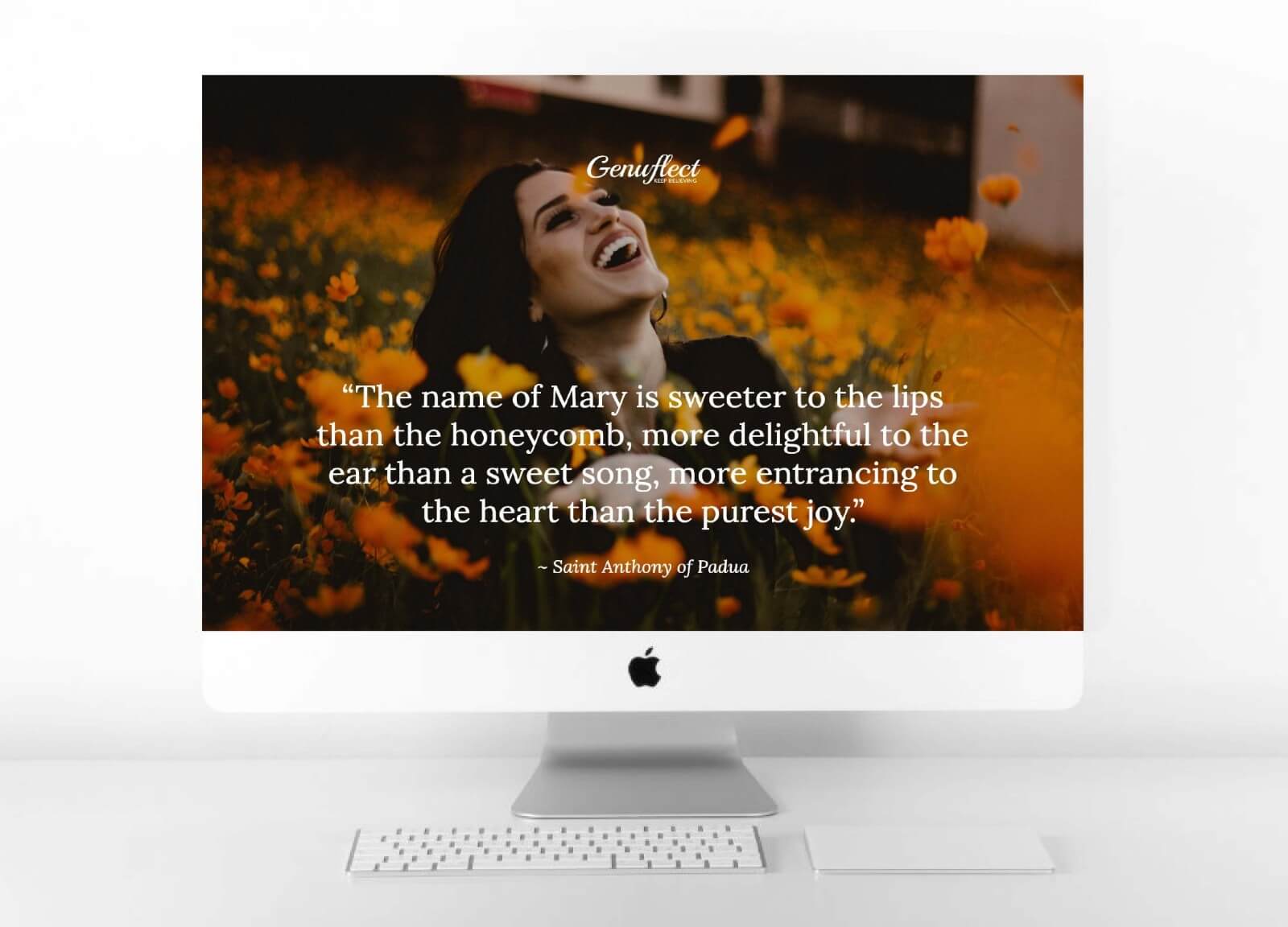Genuflect computer background image of a Woman outside in a field of orange flowers looking up to the sky and smiling with joy