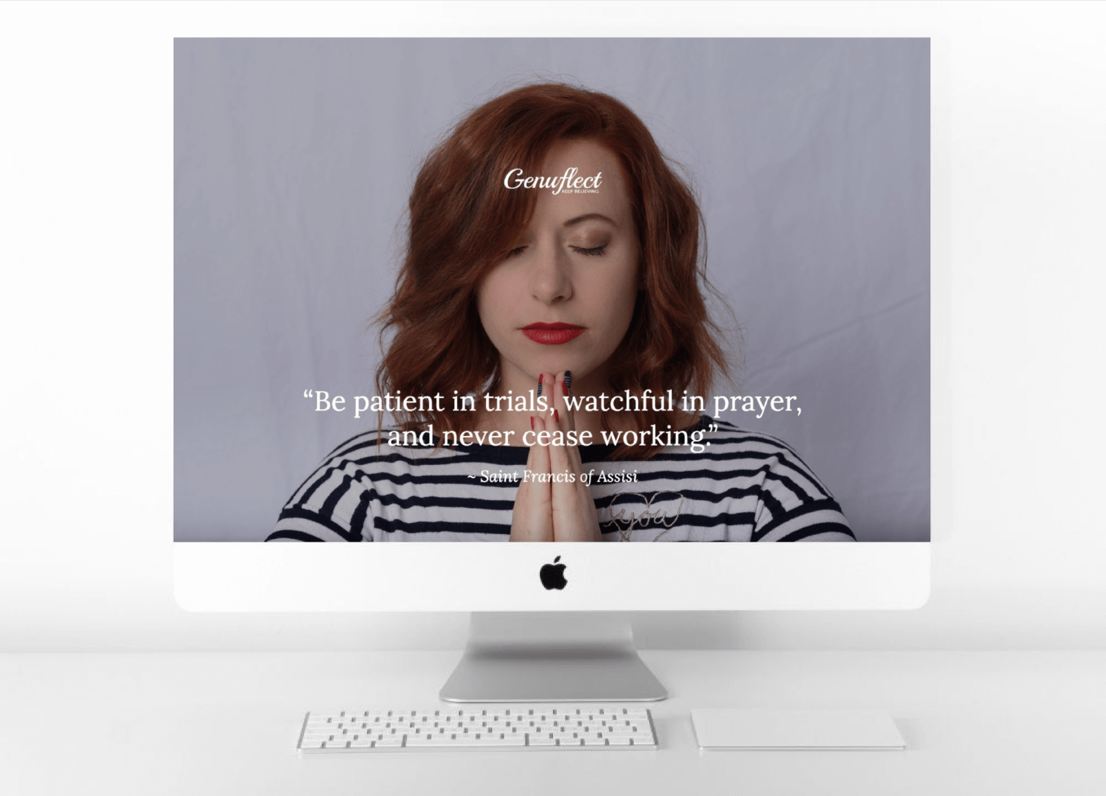Genuflect computer background image of a Close up of a young woman with eyes closed and hands folded in prayer up near her chin