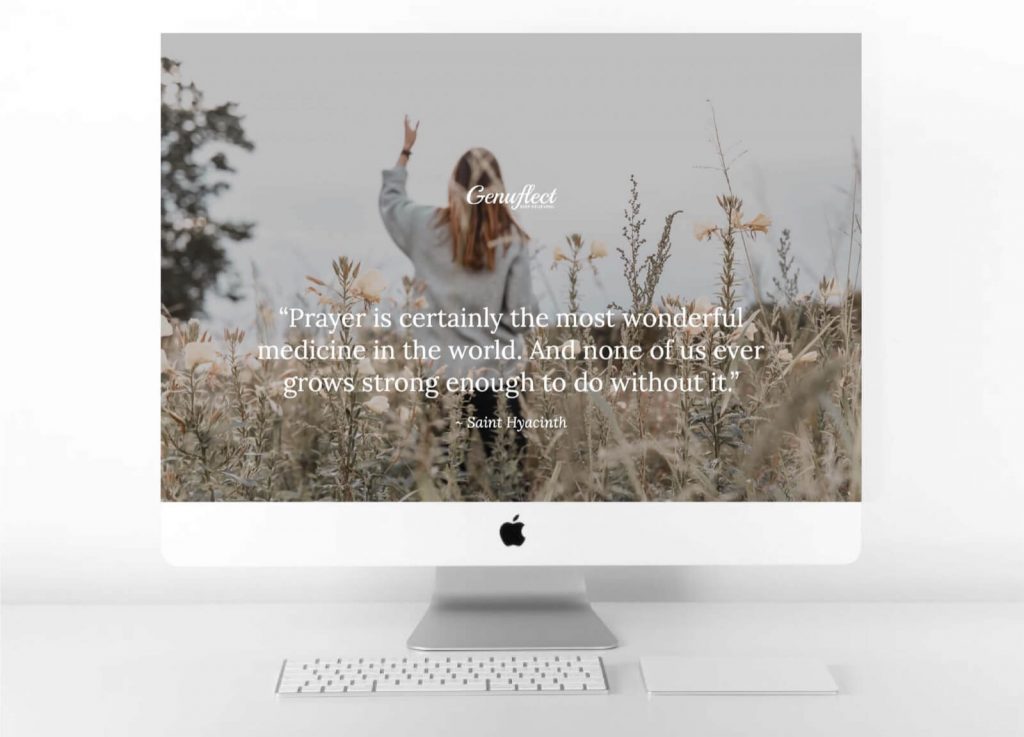 Genuflect - Image on background of computer of woman standing outside in a field with her arm raised up to heaven