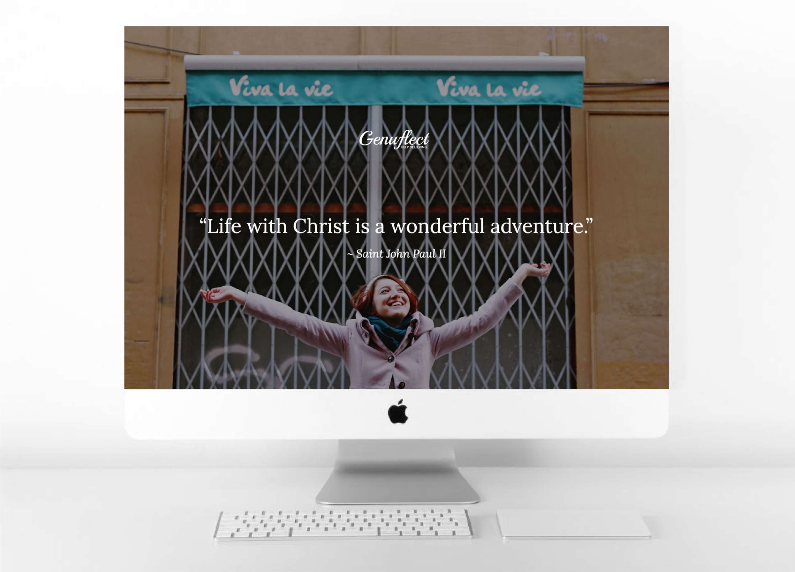 Genuflect.net - Computer background of woman with arms outstretched to the sky