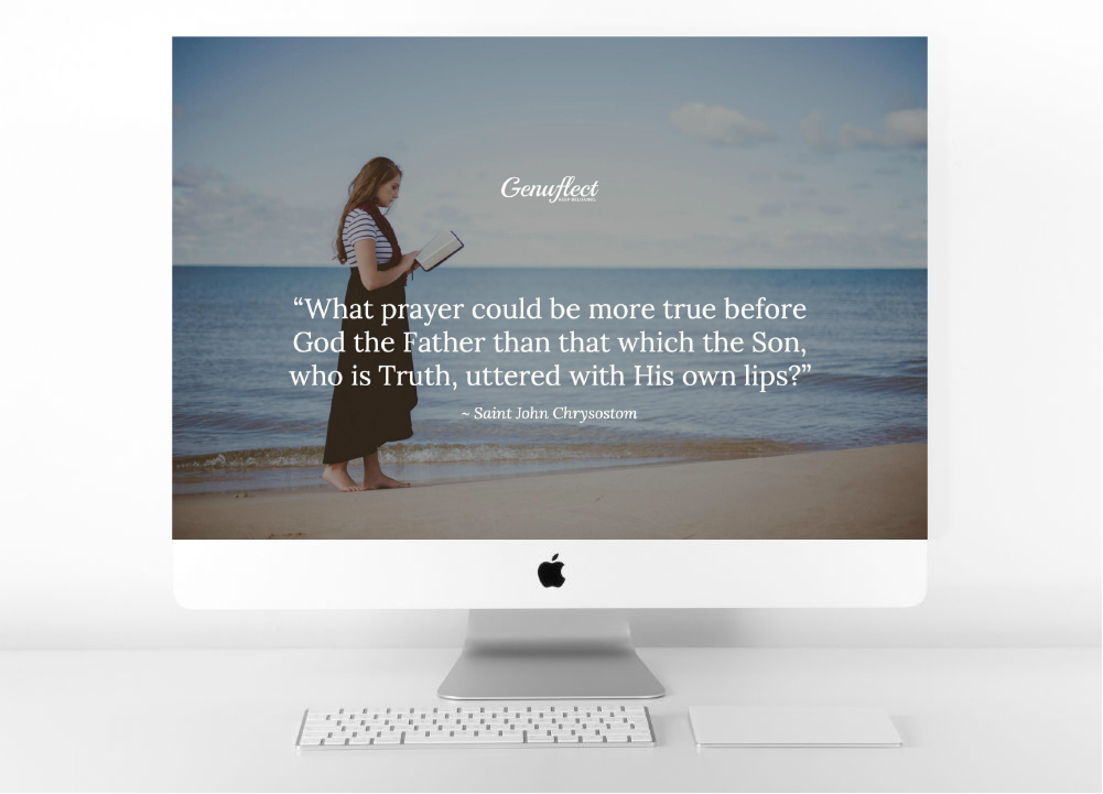 Genuflect inspirational quote on computer wallpaper- Woman walking on beach reacing the bible