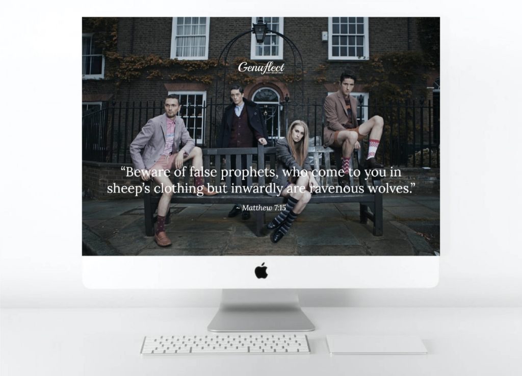 Genuflect.net - Computer background image of 4 strange looking people sitting on and standing around a bench with the quote from Matthew 7:15