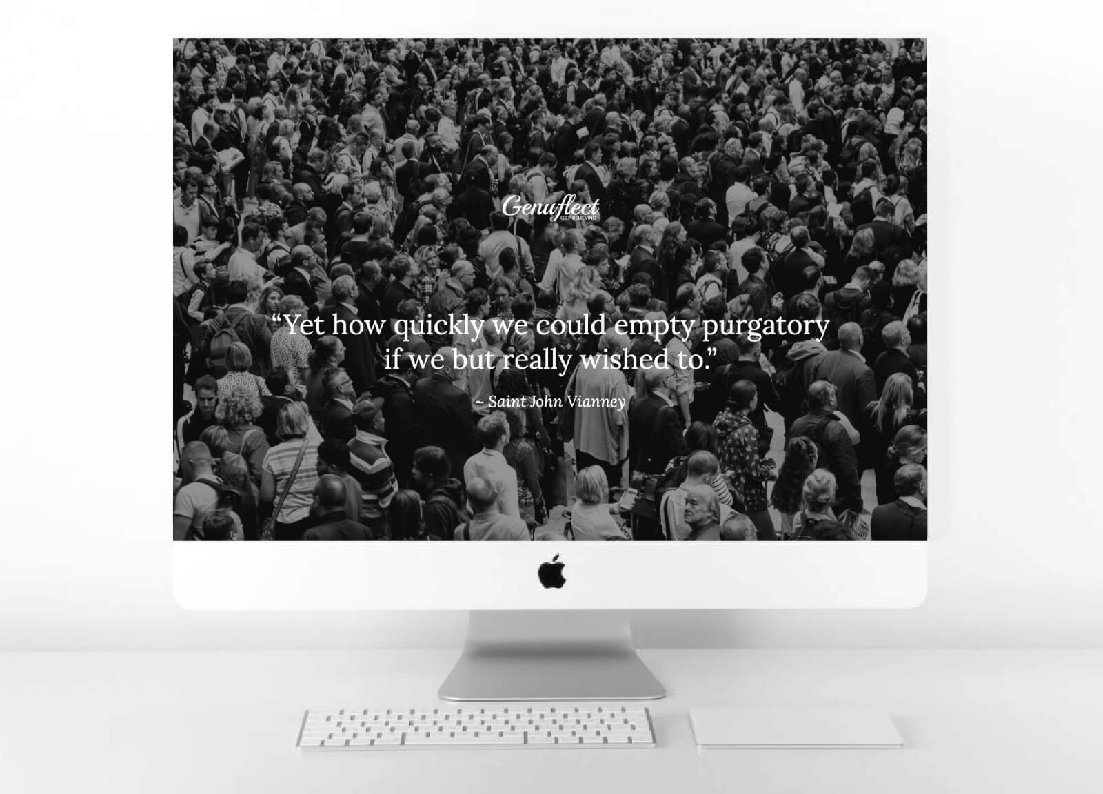 Genuflect computer background of a black and white image of a crowded group of men and women standing