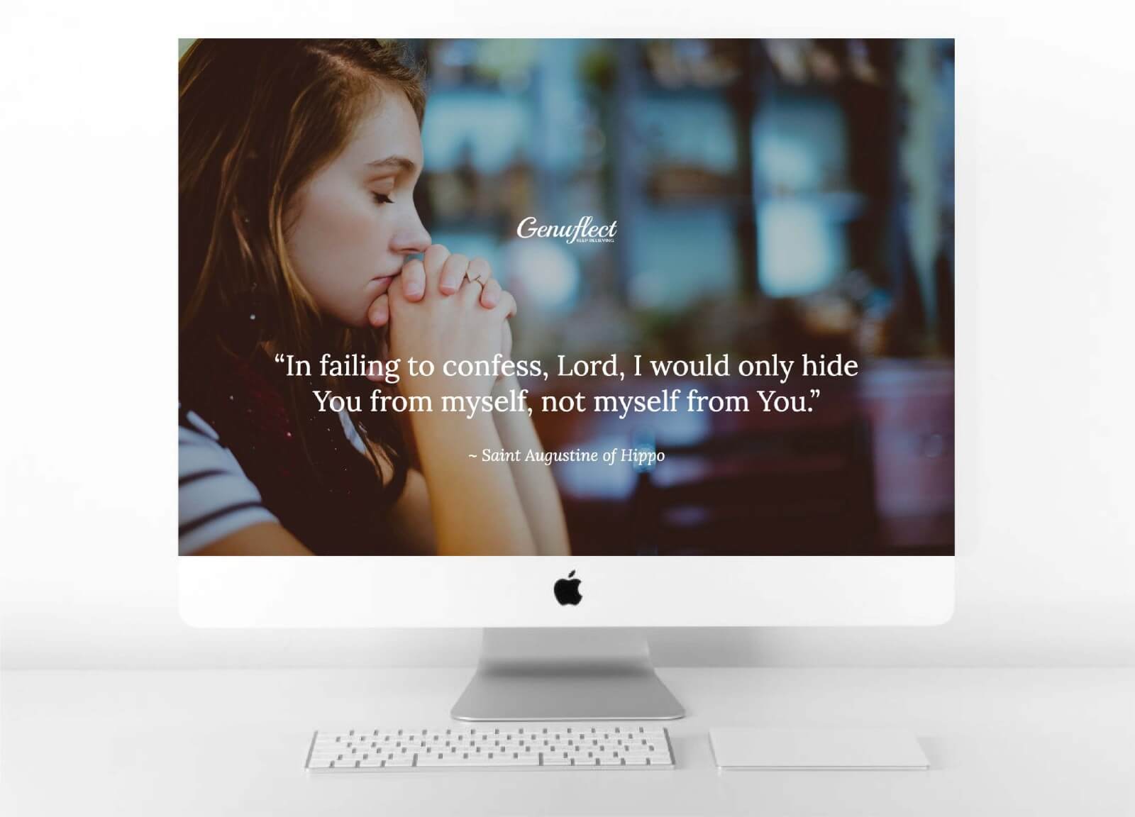 Genuflect computer background image of a Woman with eyes closed, head bent, and hands folded in prayer