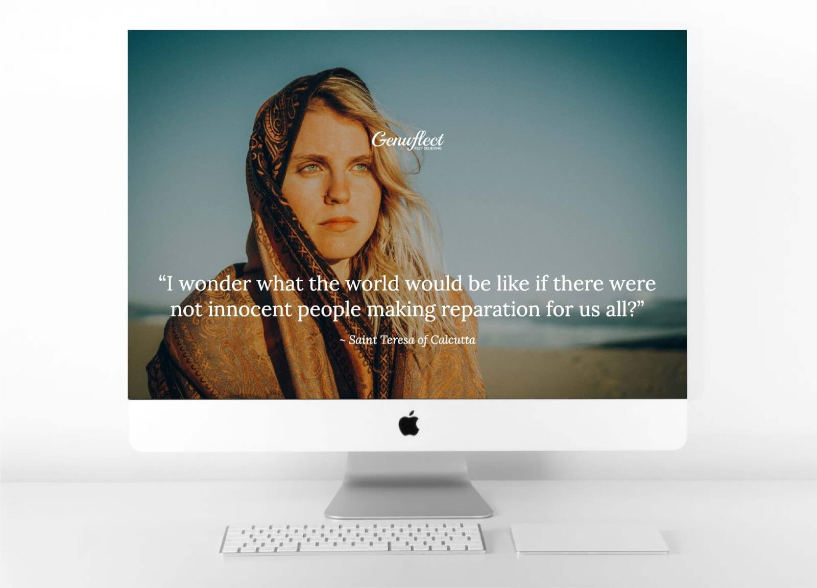 Genuflect background image on computer of a Close up of woman out in the desert with scarf around head and a serious look on her face