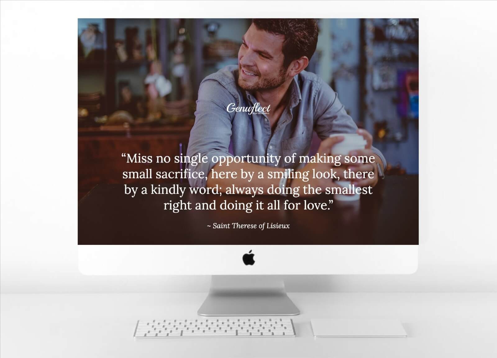 Genuflect image on background of computer of Man sitting at a table holding a coffee and smiling at someone