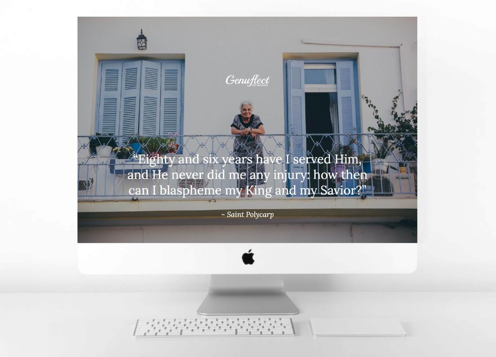 Genuflect computer background image of a Elderly woman standing outside on her balcony leaning on the railing and smiling