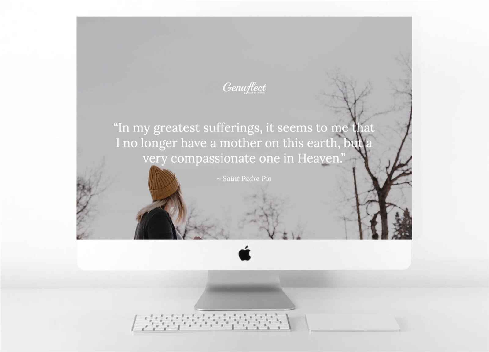 Genuflect - Desktop background image of woman outside in winter looking up to the gray sky