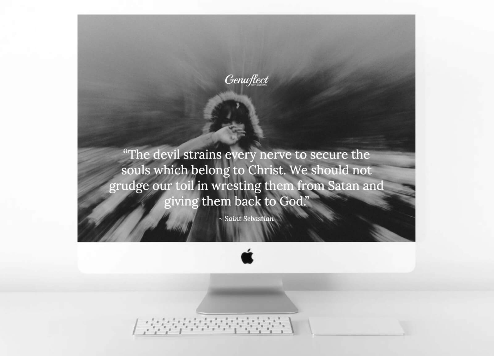 Genuflect quote on mac with a black and white image of a person with hand over mouth and background blurred.