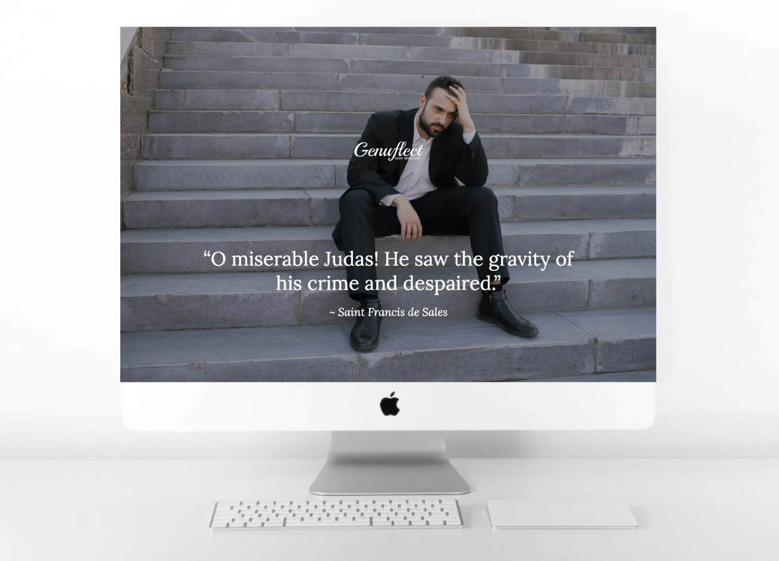 Genuflect computer background of image of a Man sitting on steps outside with his hand on his head in despair