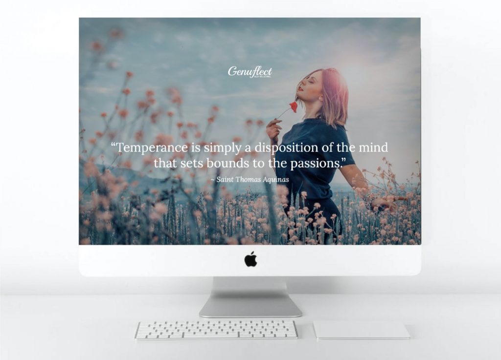 Genuflect - Computer with image on background of woman standing in a field of fowers looking up to the sky with her eyes closed