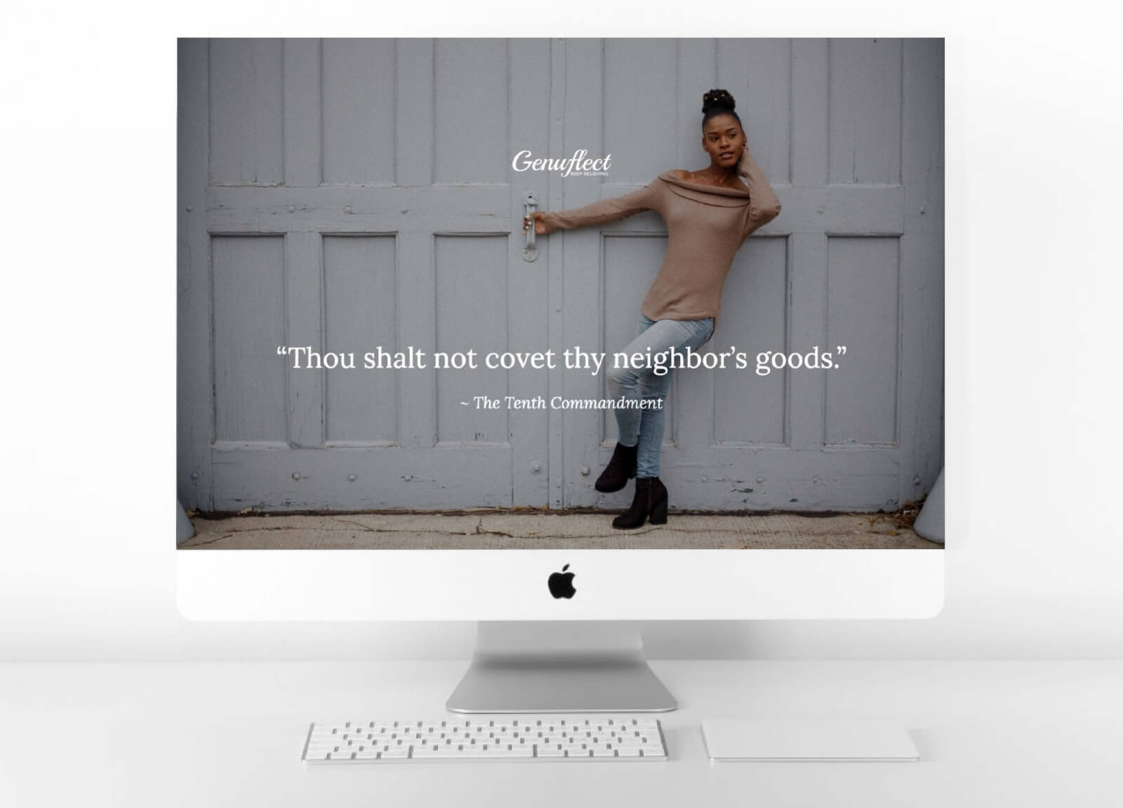 Genuflect computer background image of a Woman in front of a white garage door holding on to the door handle