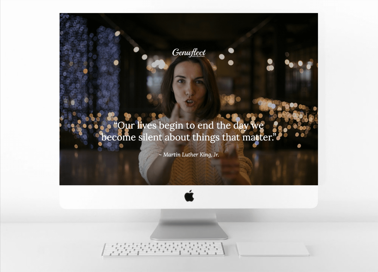 Genuflect computer background image of a Woman facing camera and talking while pointing with her fingers