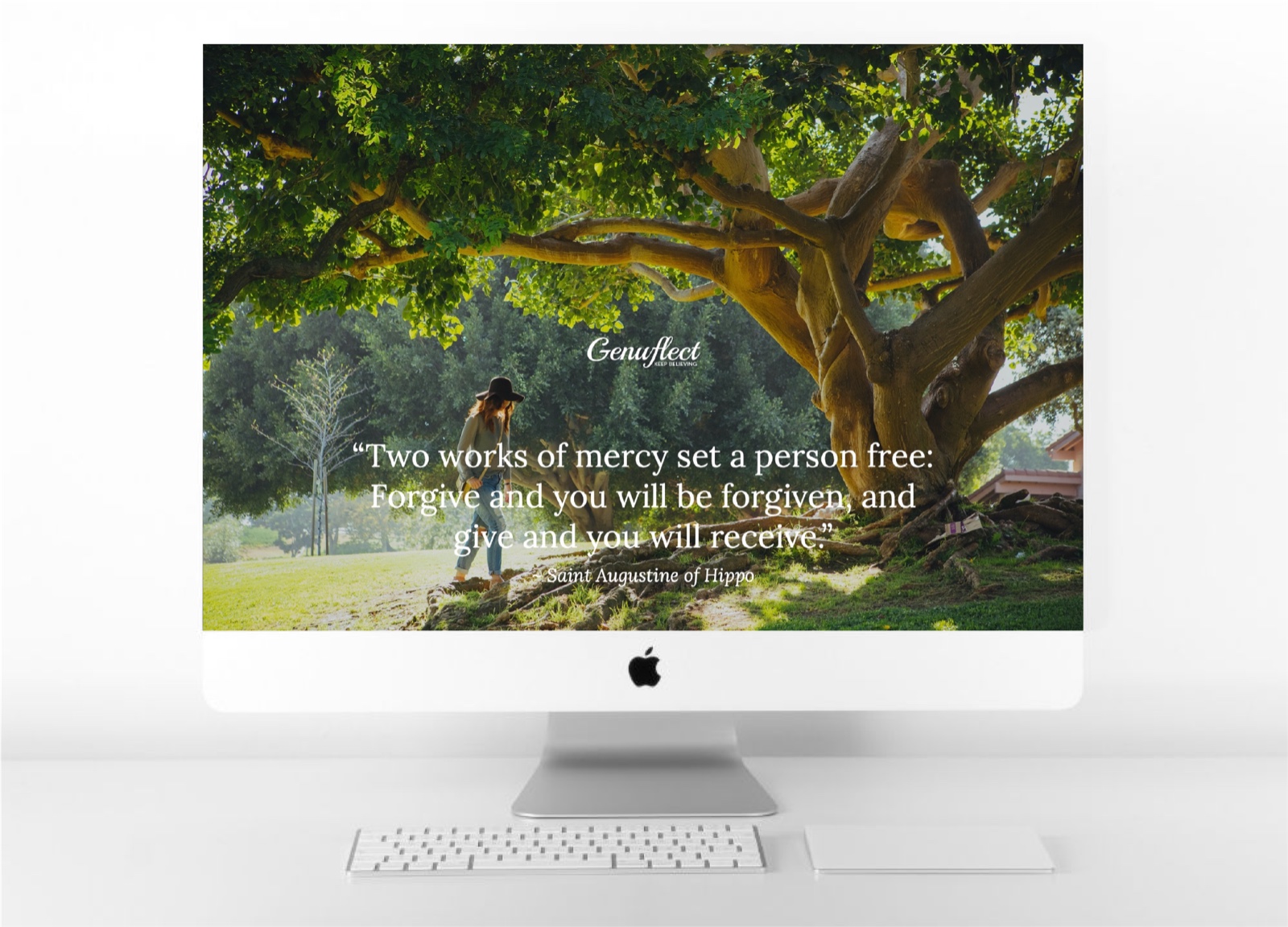 Genuflect - Computer background image of woman walking outside under a large tree