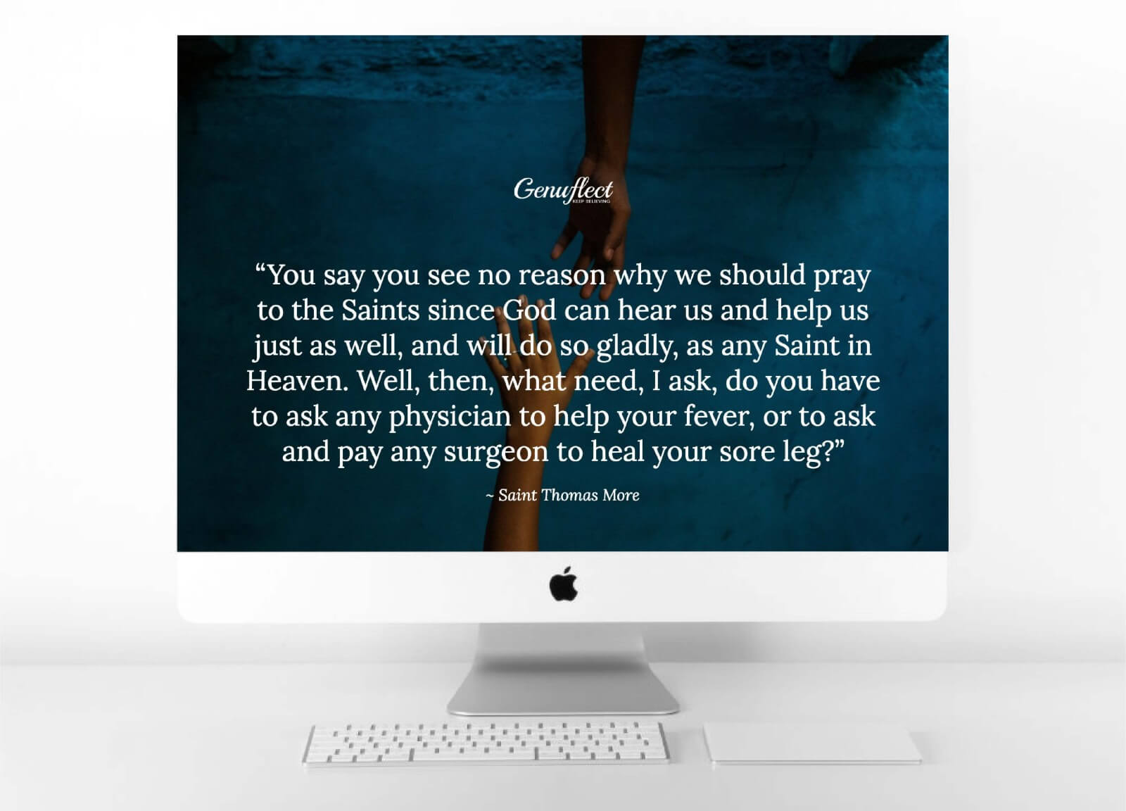 Genuflect computer with background image of Two hands reaching for each other against a blue background