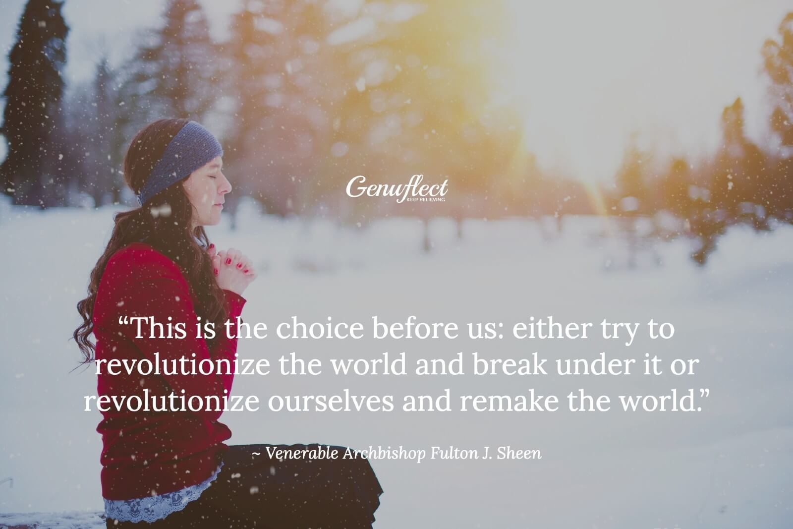 Woman sitting in the snow outside with head bowed and hands folded in prayer